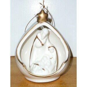 Nativity Holy Family Light Up Christmas Ornament Gold Trim Off White NEW in box